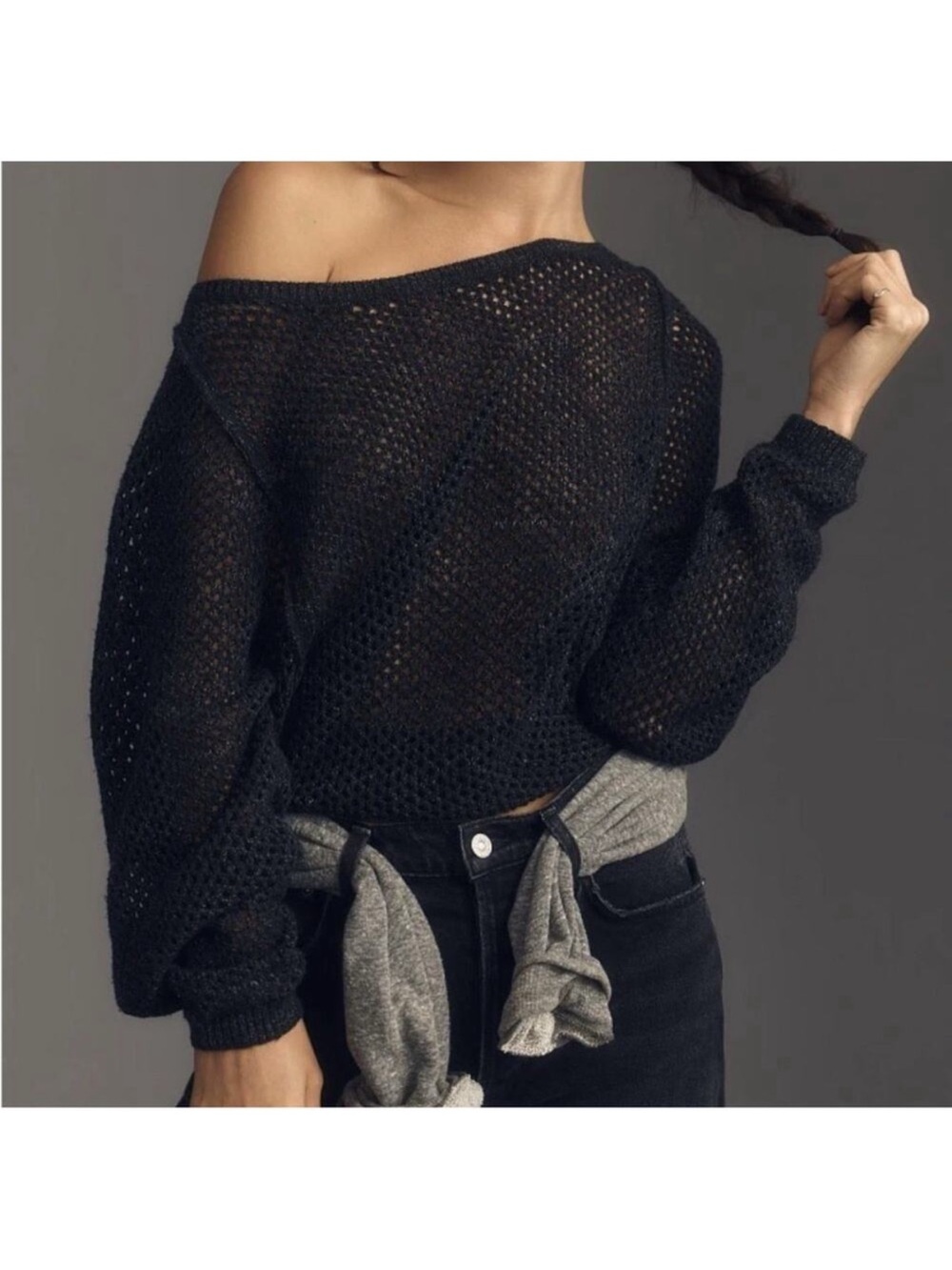 Pilcro Open-Stitch Crew-Neck Sweater size L GRAY